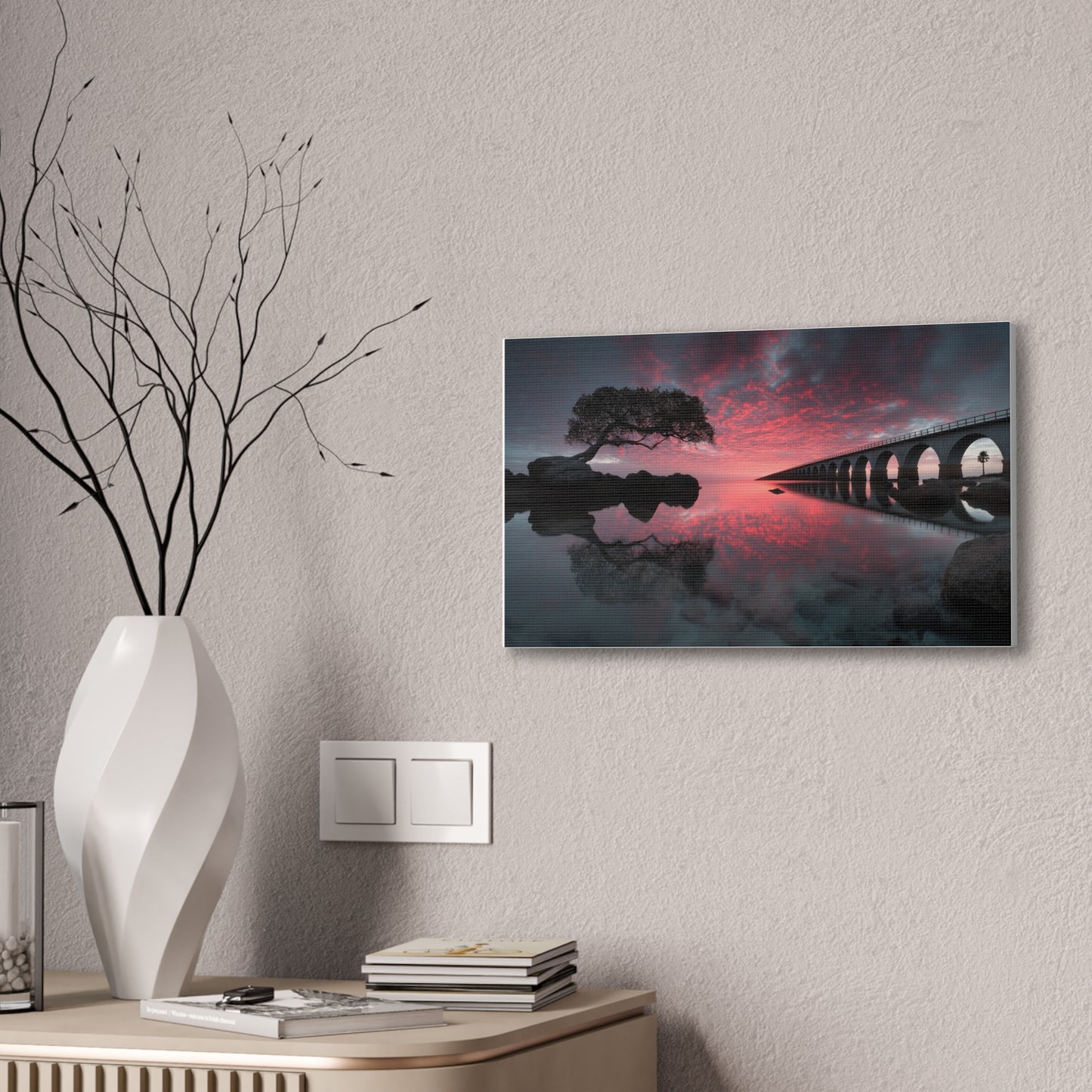 Sunset Bridge Canvas Print — Serene Pink Sky Seascape Wall Art
