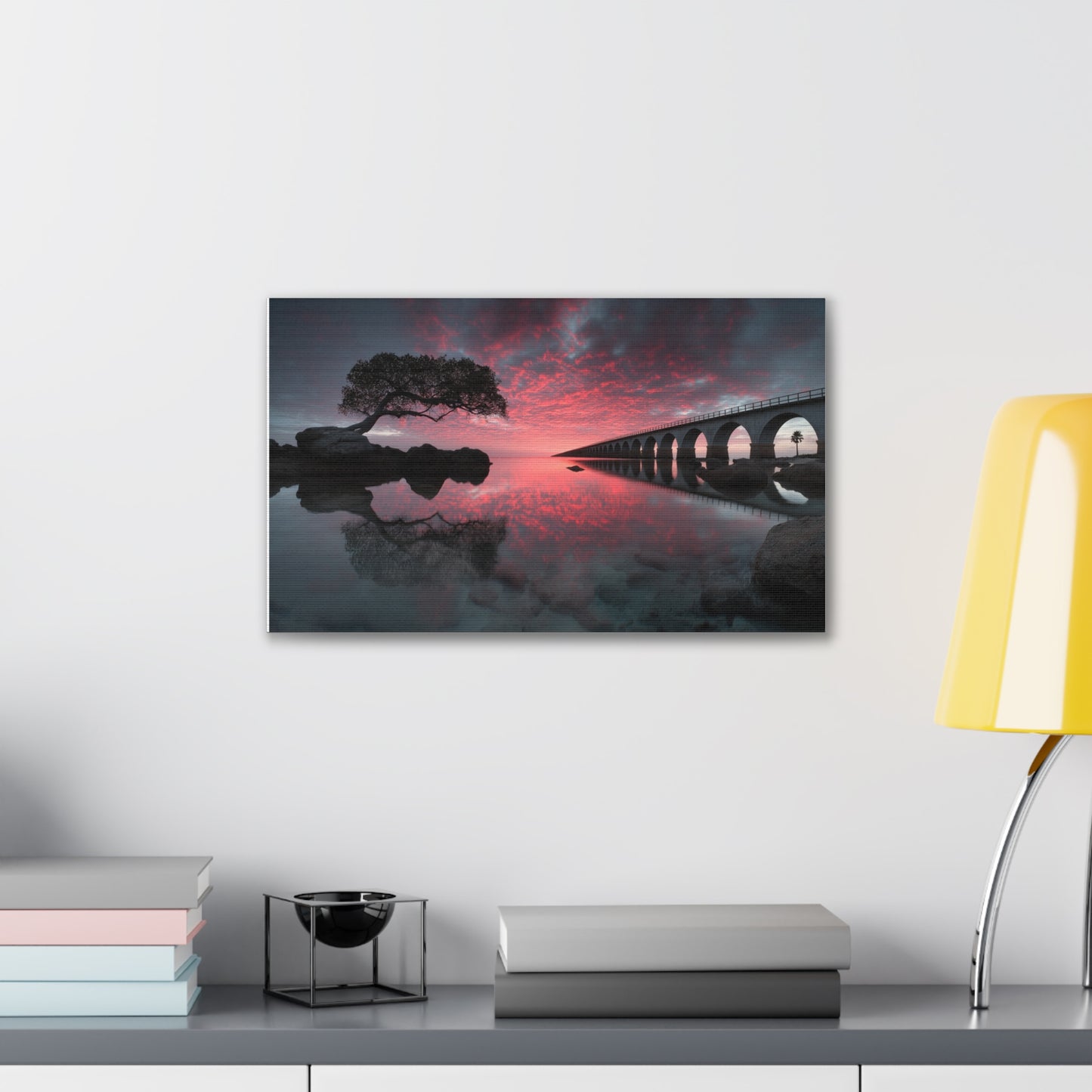 Sunset Bridge Canvas Print — Serene Pink Sky Seascape Wall Art