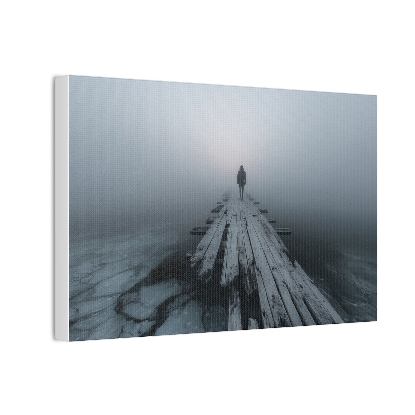 Foggy Pier Canvas Art — Solitary Figure, Dreamlike Minimalist Wall Décor