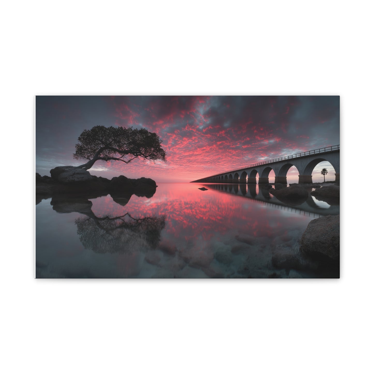 Sunset Bridge Canvas Print — Serene Pink Sky Seascape Wall Art
