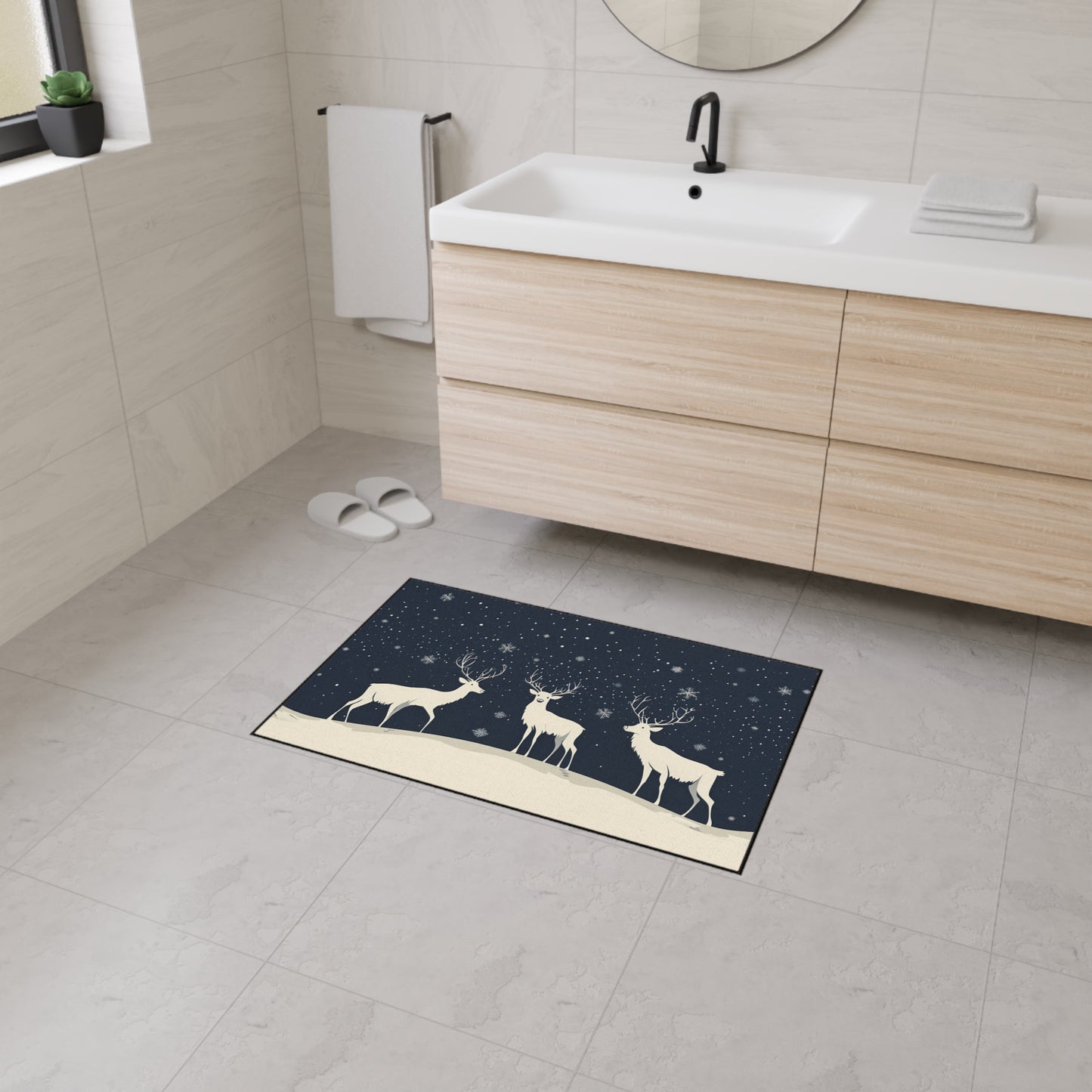 Winter Reindeer Heavy-Duty Floor Mat — Snowy Night Entryway Rug