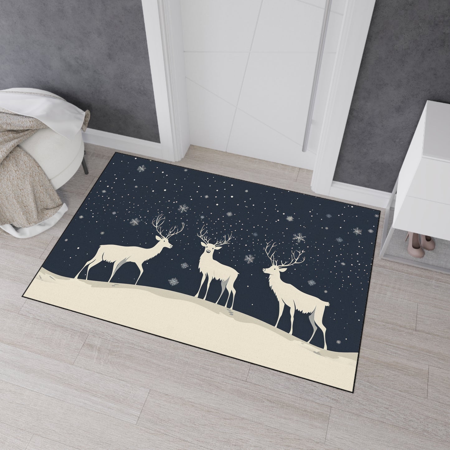 Winter Reindeer Heavy-Duty Floor Mat — Snowy Night Entryway Rug