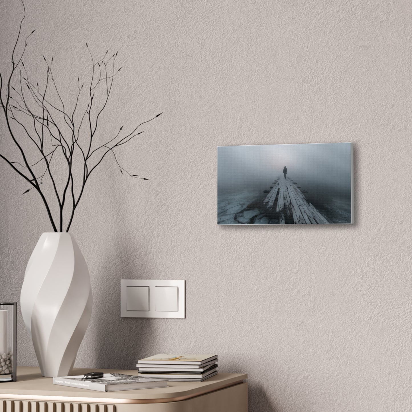 Foggy Pier Canvas Art — Solitary Figure, Dreamlike Minimalist Wall Décor