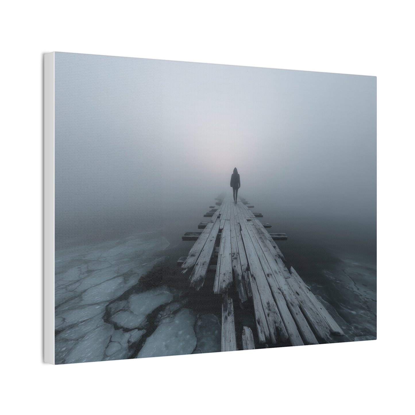Foggy Pier Canvas Art — Solitary Figure, Dreamlike Minimalist Wall Décor
