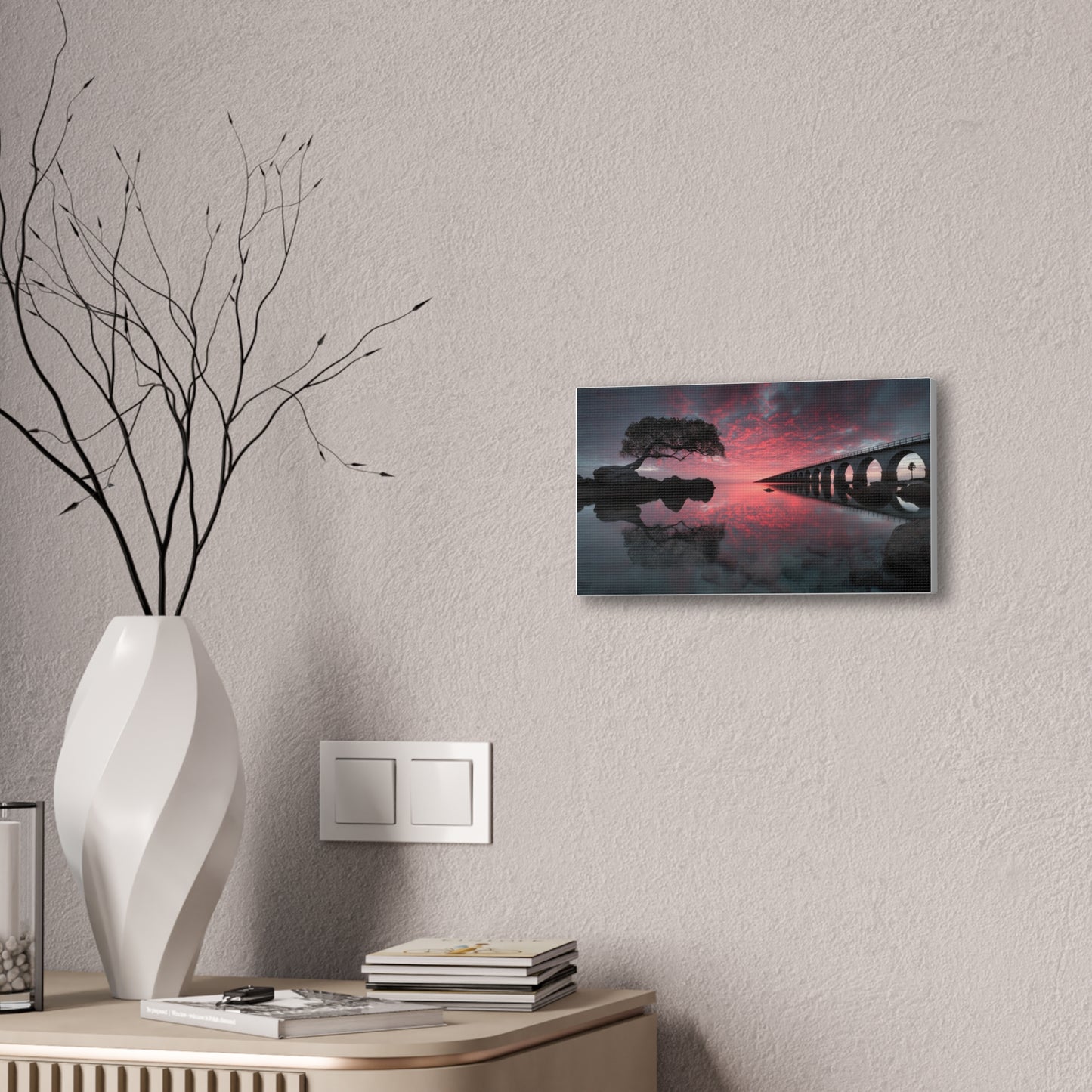 Sunset Bridge Canvas Print — Serene Pink Sky Seascape Wall Art