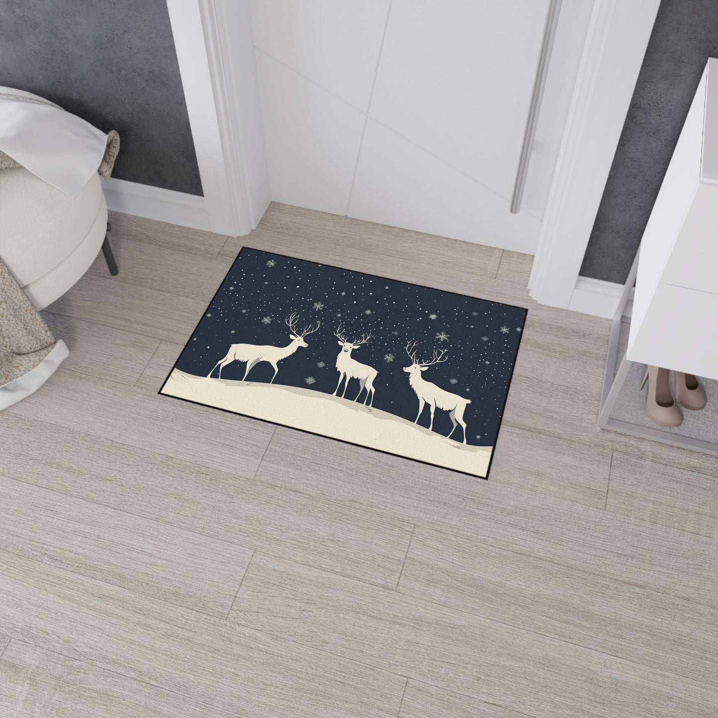 Winter Reindeer Heavy-Duty Floor Mat — Snowy Night Entryway Rug