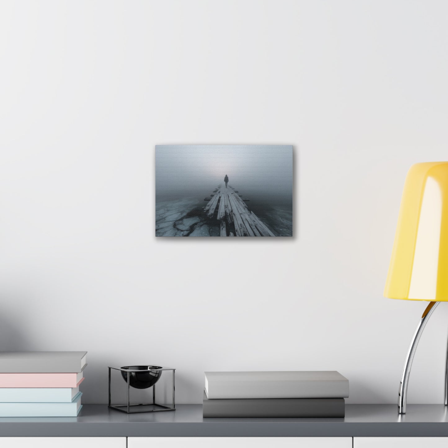 Foggy Pier Canvas Art — Solitary Figure, Dreamlike Minimalist Wall Décor