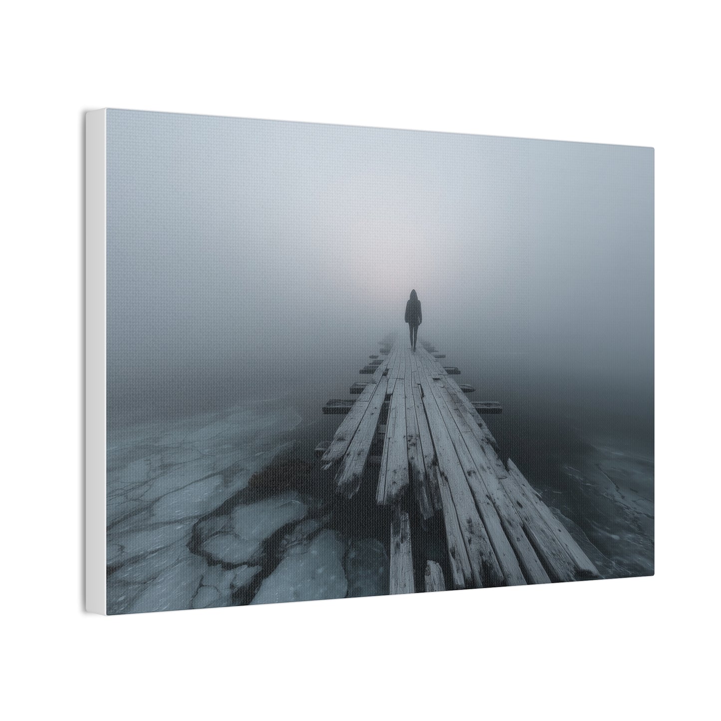 Foggy Pier Canvas Art — Solitary Figure, Dreamlike Minimalist Wall Décor