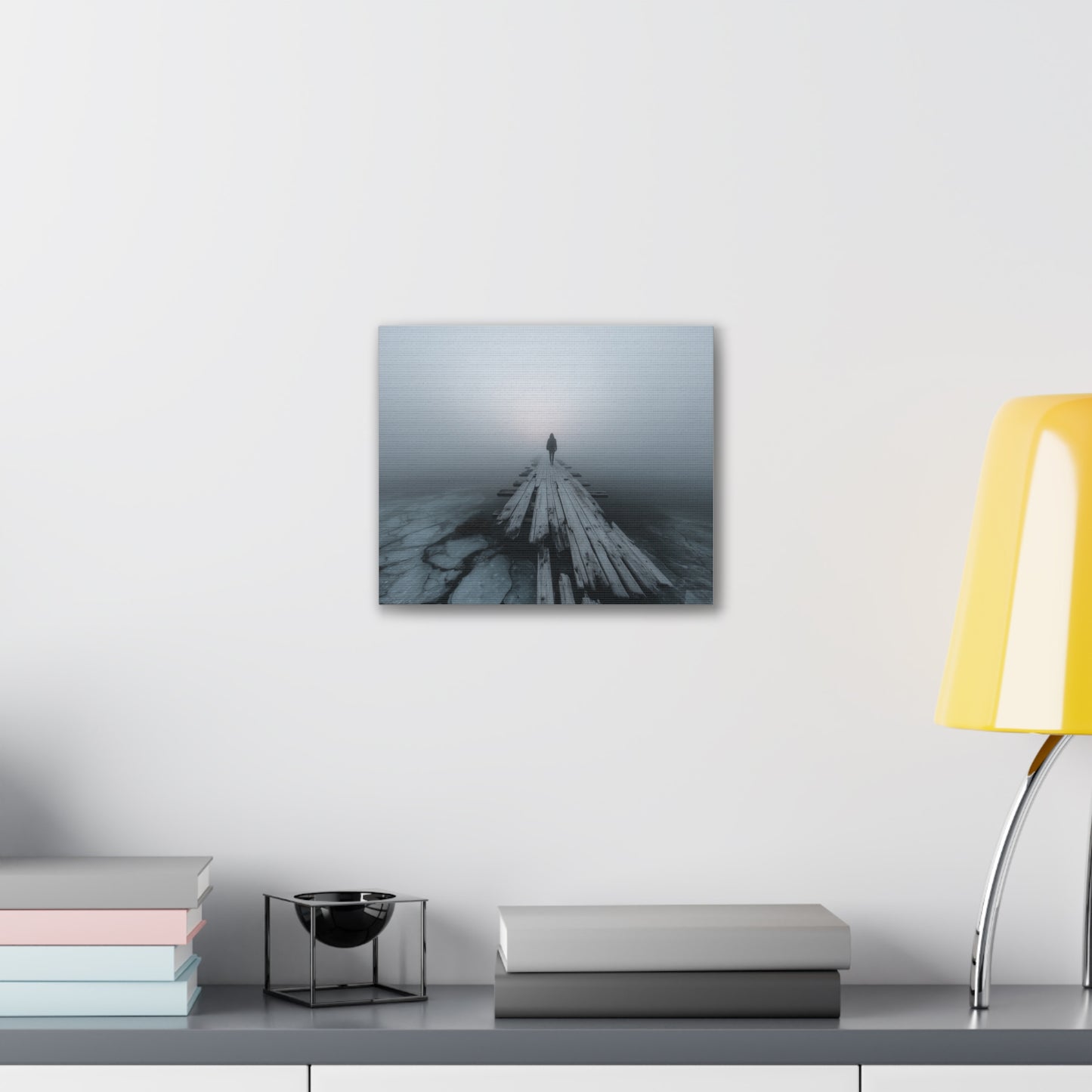 Foggy Pier Canvas Art — Solitary Figure, Dreamlike Minimalist Wall Décor