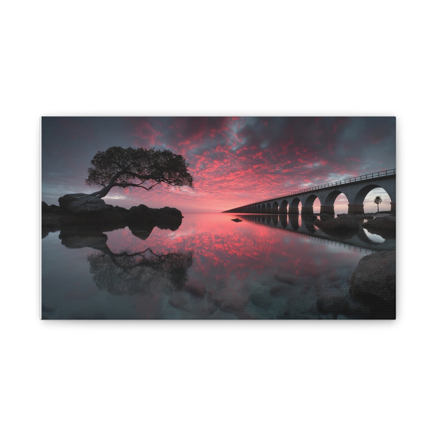 Sunset Bridge Canvas Print — Serene Pink Sky Seascape Wall Art
