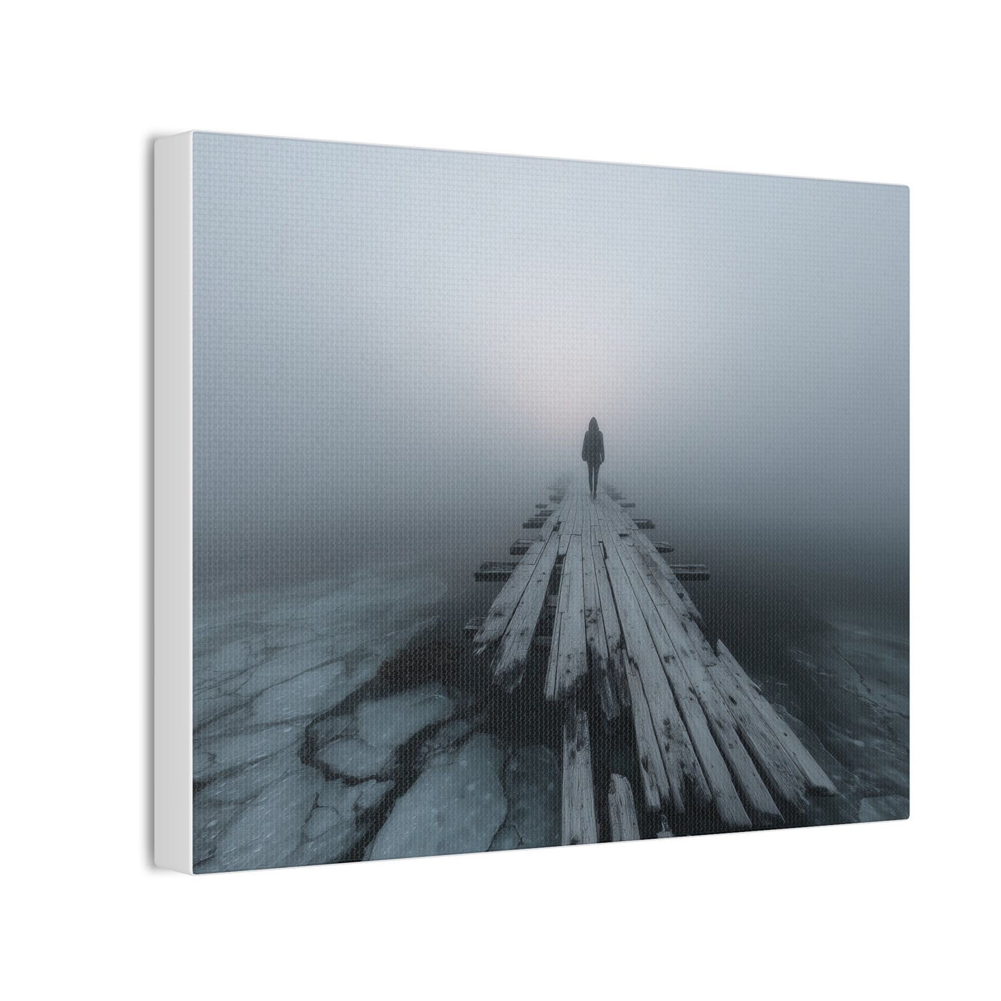 Foggy Pier Canvas Art — Solitary Figure, Dreamlike Minimalist Wall Décor