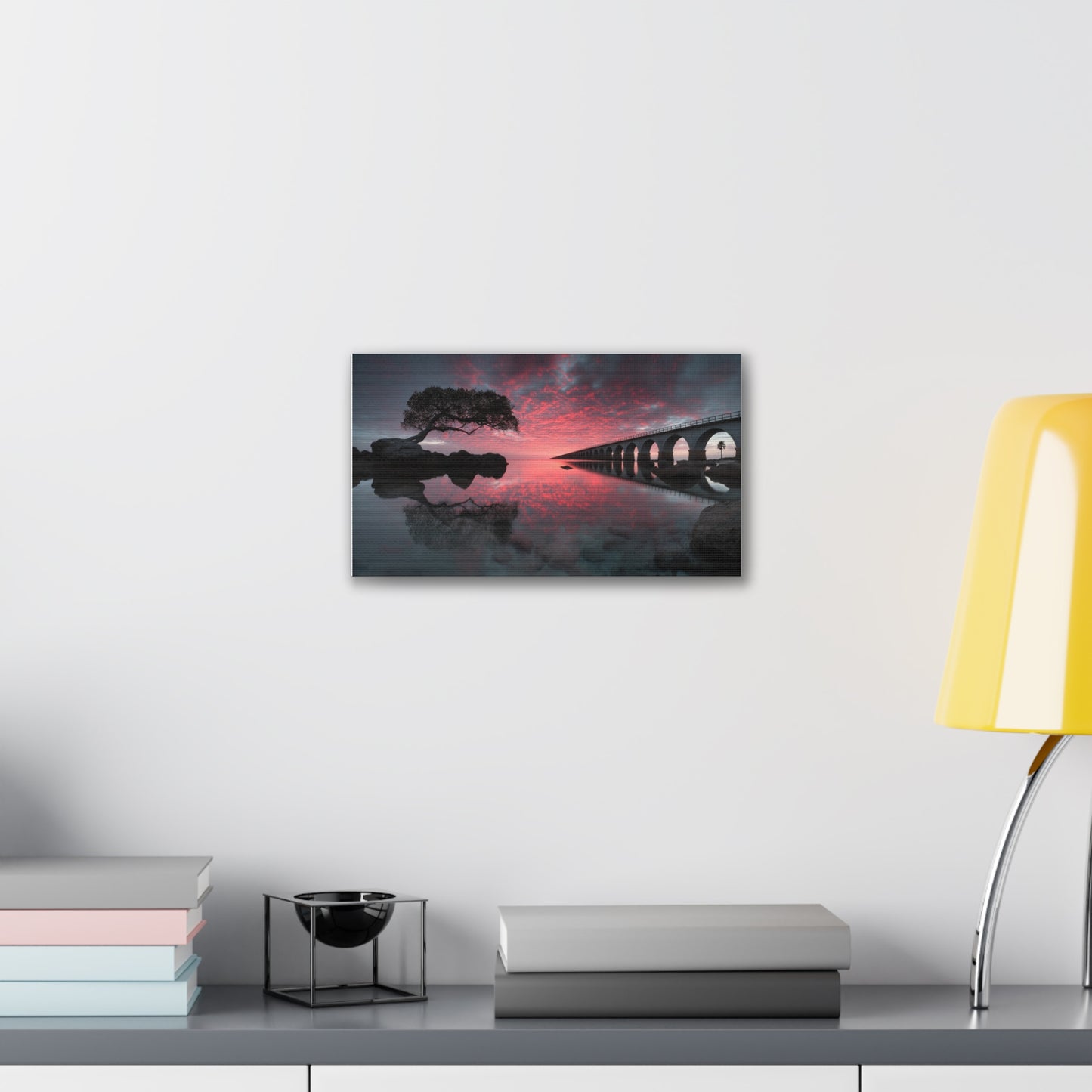 Sunset Bridge Canvas Print — Serene Pink Sky Seascape Wall Art