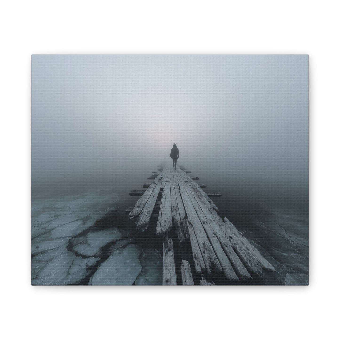 Foggy Pier Canvas Art — Solitary Figure, Dreamlike Minimalist Wall Décor