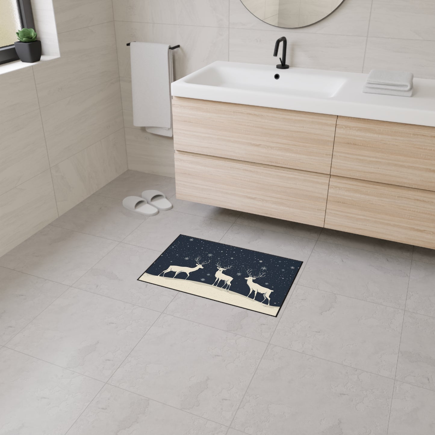 Winter Reindeer Heavy-Duty Floor Mat — Snowy Night Entryway Rug