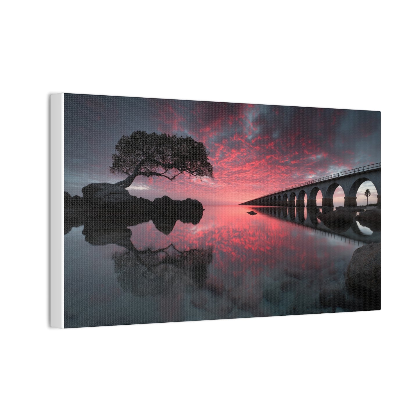 Sunset Bridge Canvas Print — Serene Pink Sky Seascape Wall Art
