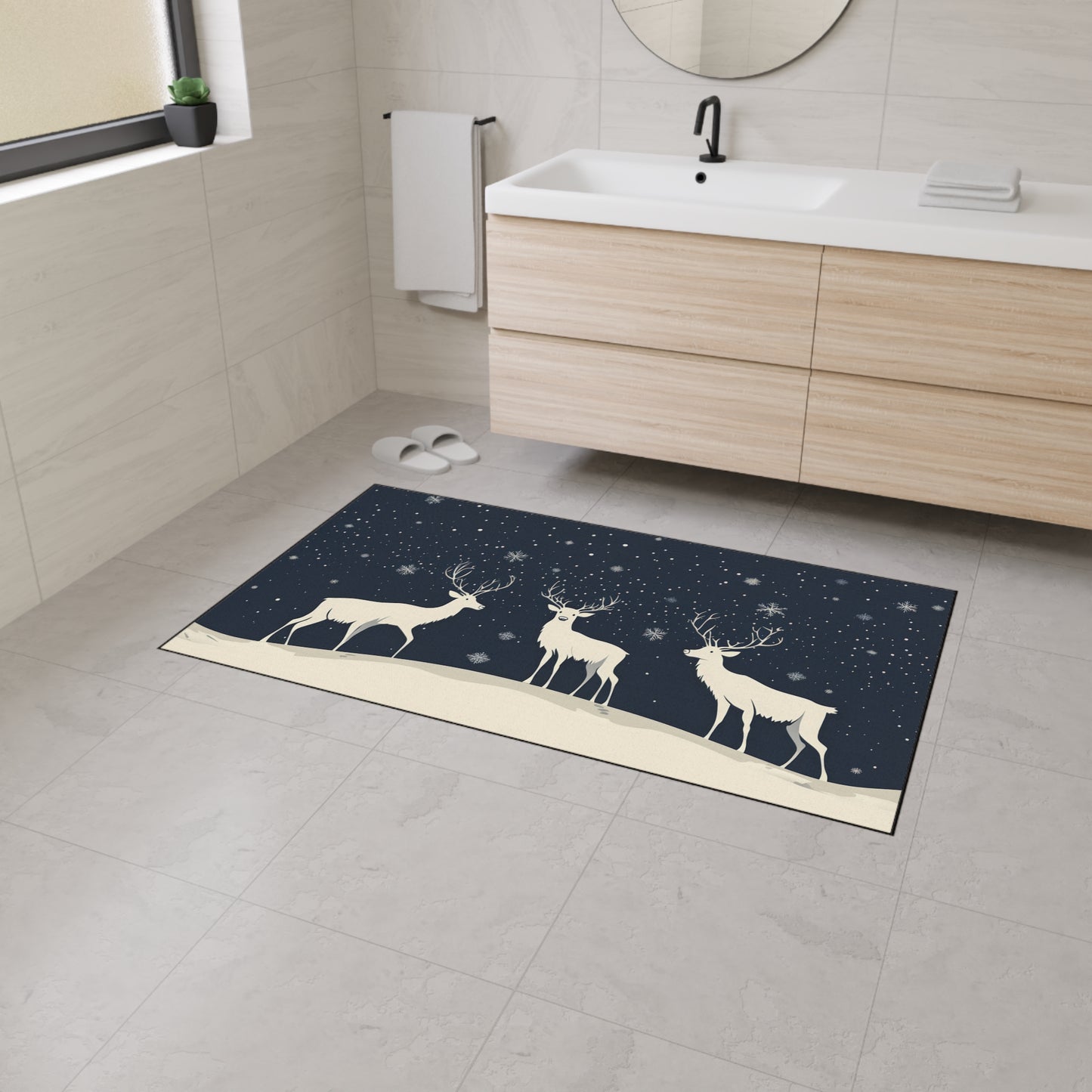 Winter Reindeer Heavy-Duty Floor Mat — Snowy Night Entryway Rug