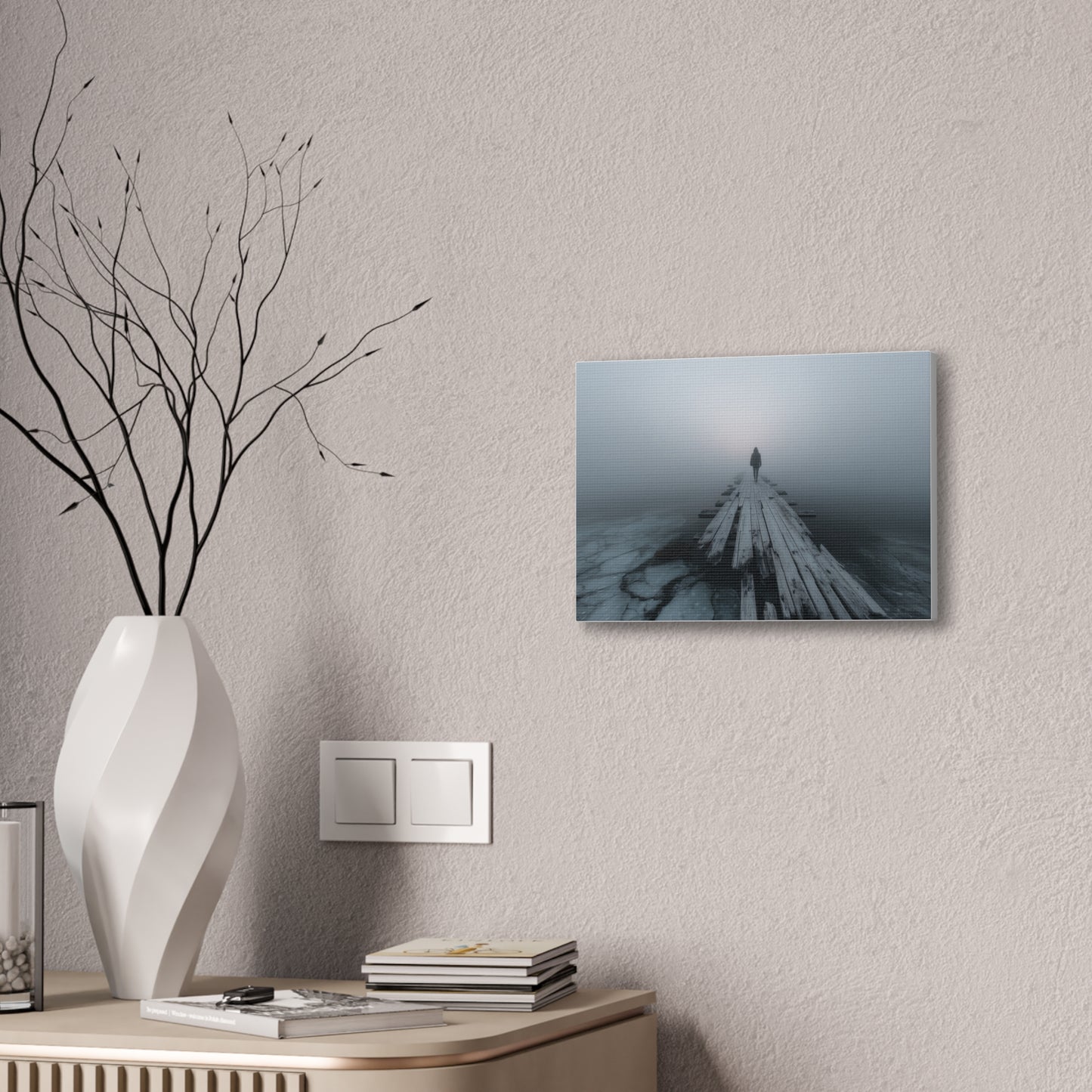 Foggy Pier Canvas Art — Solitary Figure, Dreamlike Minimalist Wall Décor