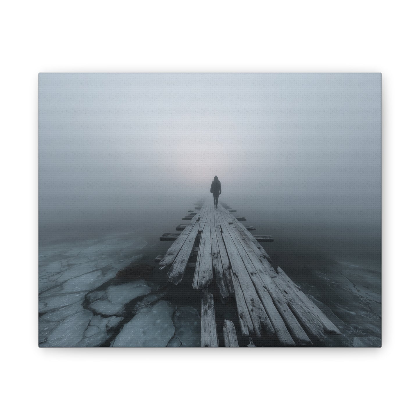Foggy Pier Canvas Art — Solitary Figure, Dreamlike Minimalist Wall Décor