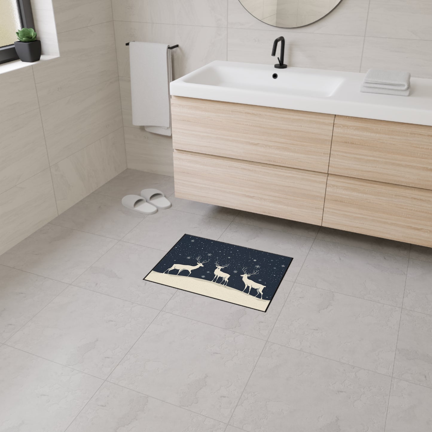 Winter Reindeer Heavy-Duty Floor Mat — Snowy Night Entryway Rug