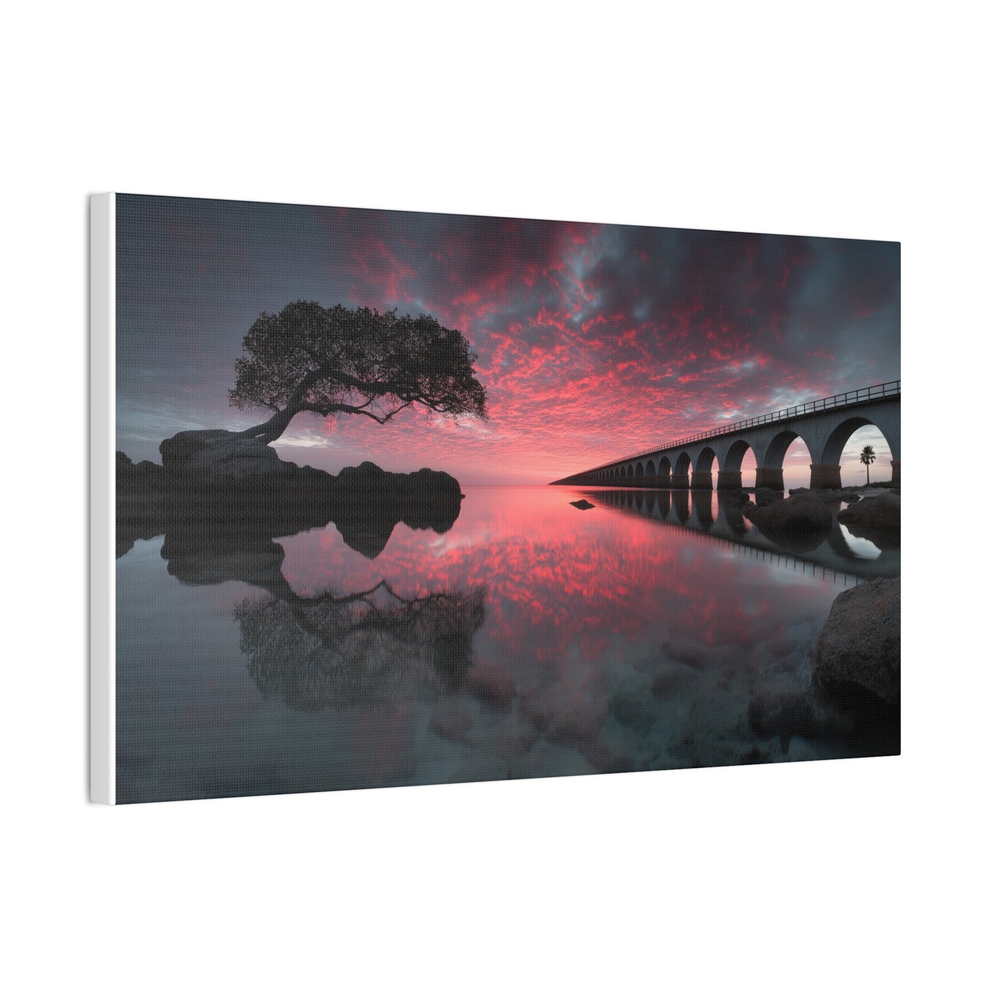 Sunset Bridge Canvas Print — Serene Pink Sky Seascape Wall Art