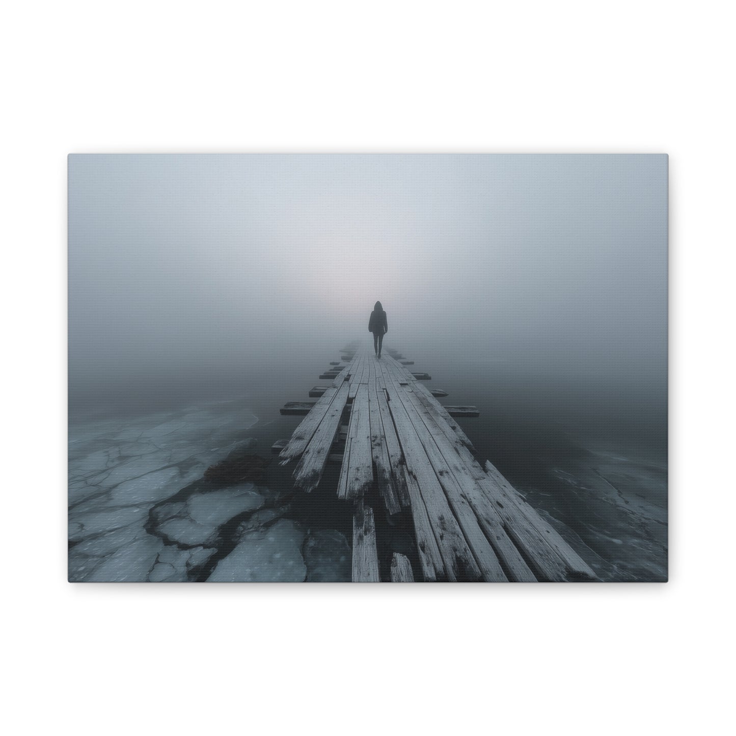Foggy Pier Canvas Art — Solitary Figure, Dreamlike Minimalist Wall Décor