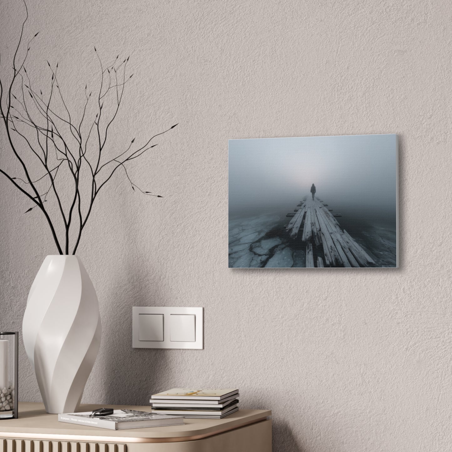 Foggy Pier Canvas Art — Solitary Figure, Dreamlike Minimalist Wall Décor