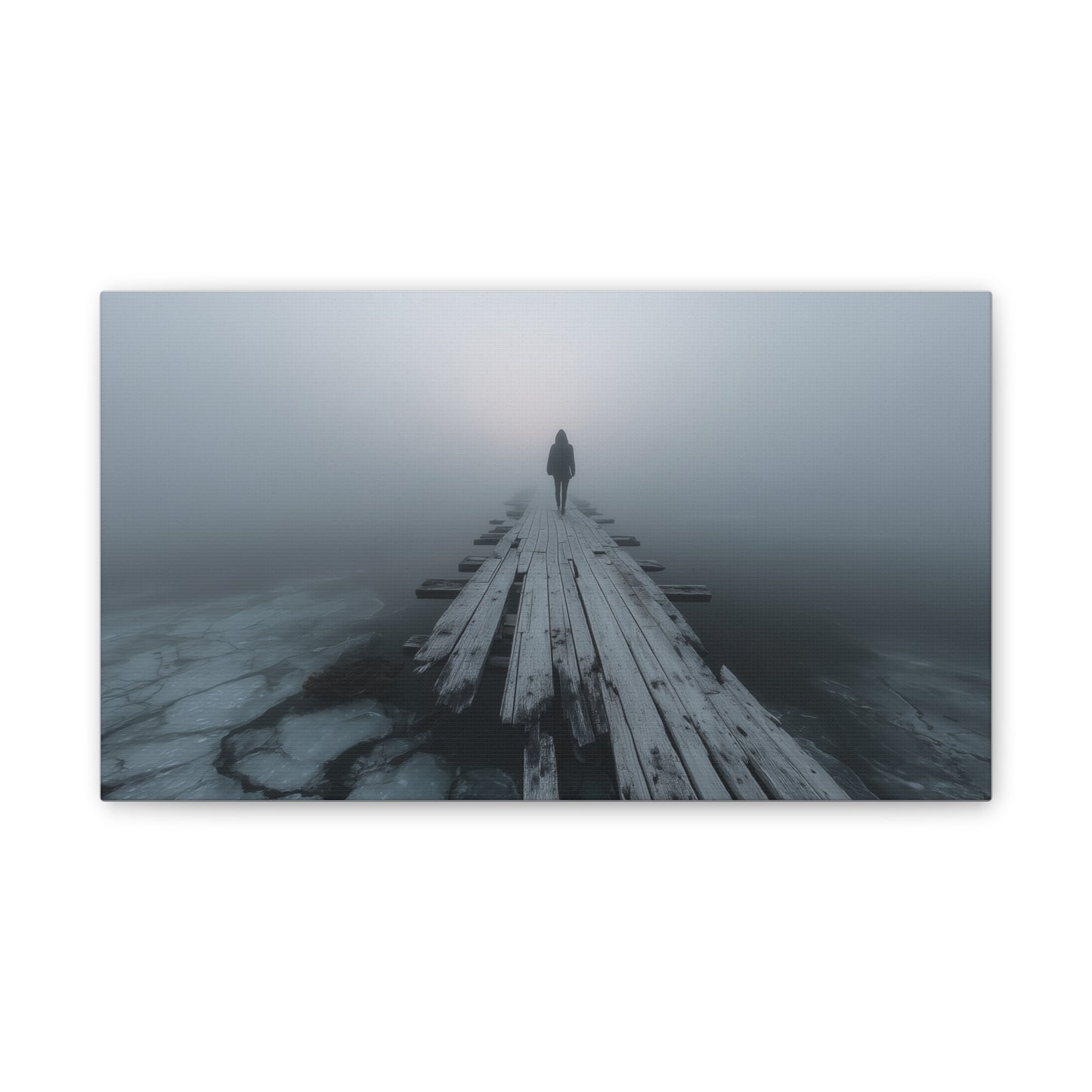 Foggy Pier Canvas Art — Solitary Figure, Dreamlike Minimalist Wall Décor