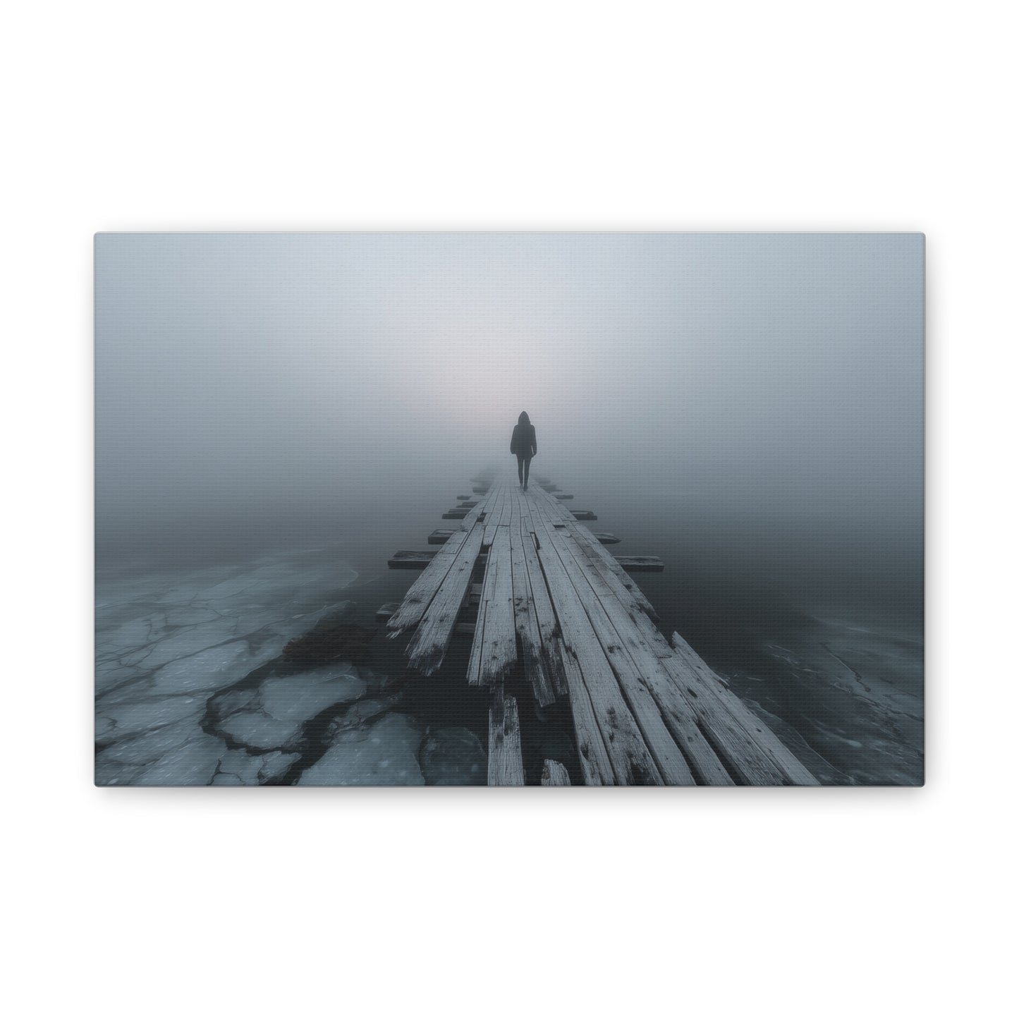 Foggy Pier Canvas Art — Solitary Figure, Dreamlike Minimalist Wall Décor