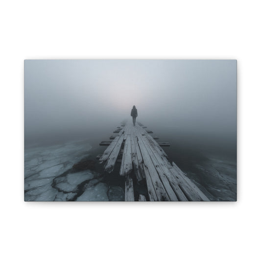 Foggy Pier Canvas Art — Solitary Figure, Dreamlike Minimalist Wall Décor
