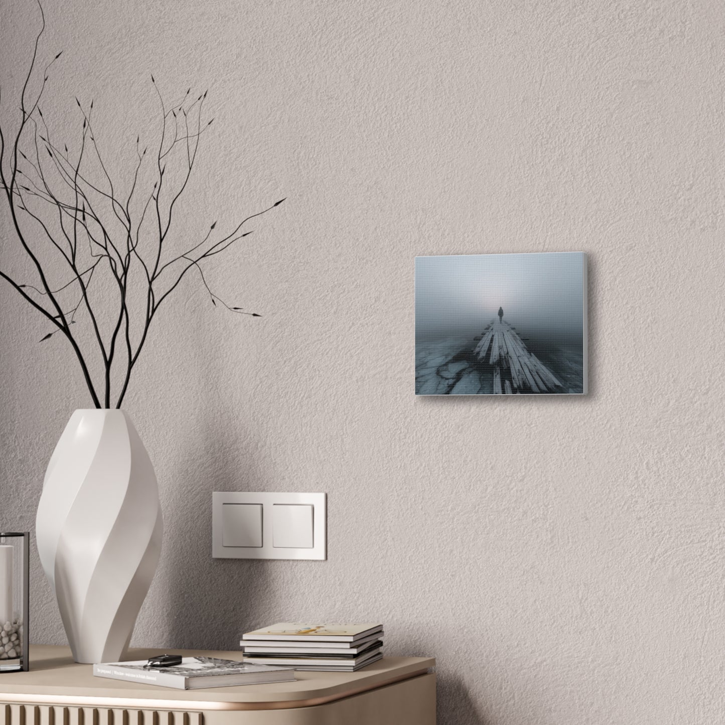 Foggy Pier Canvas Art — Solitary Figure, Dreamlike Minimalist Wall Décor