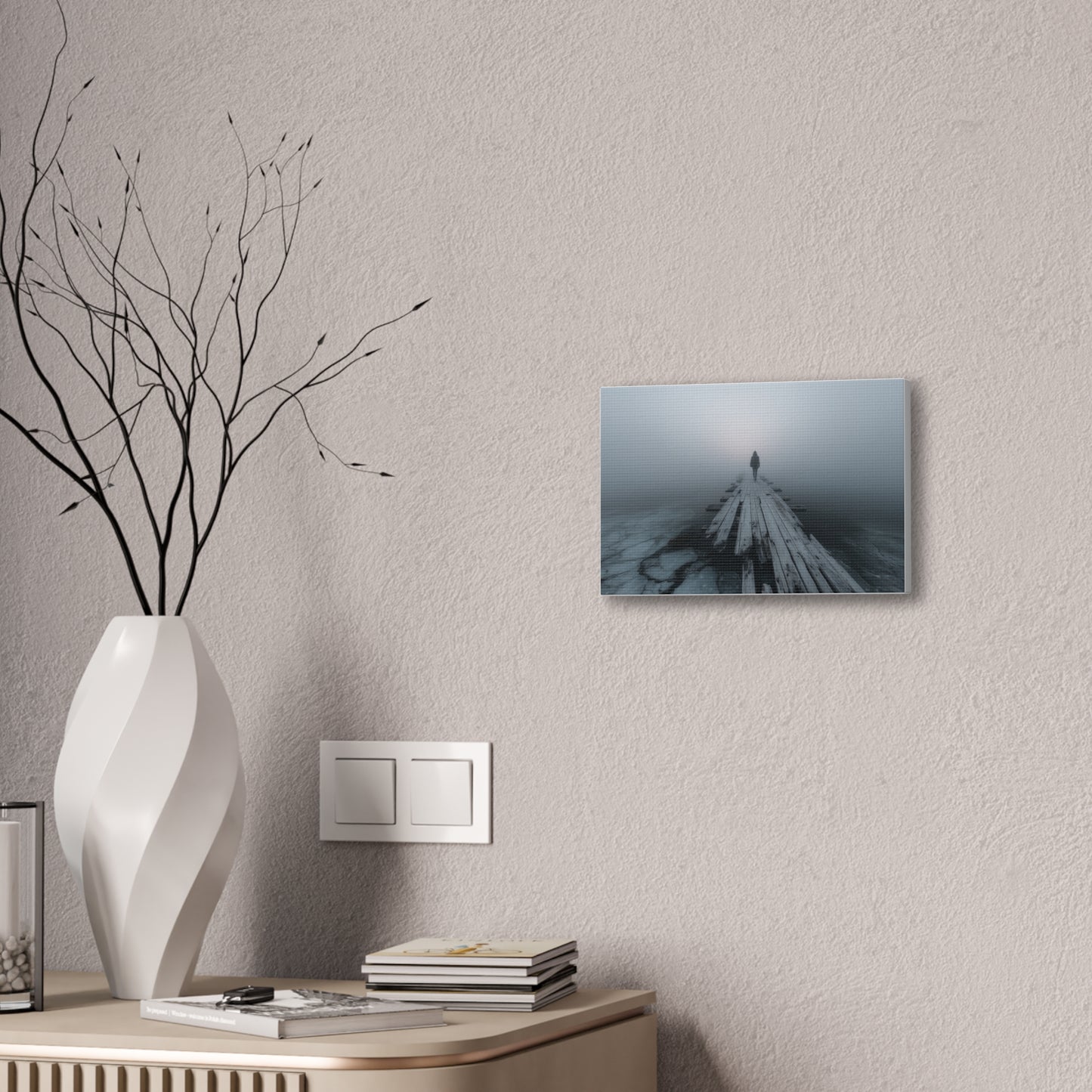 Foggy Pier Canvas Art — Solitary Figure, Dreamlike Minimalist Wall Décor