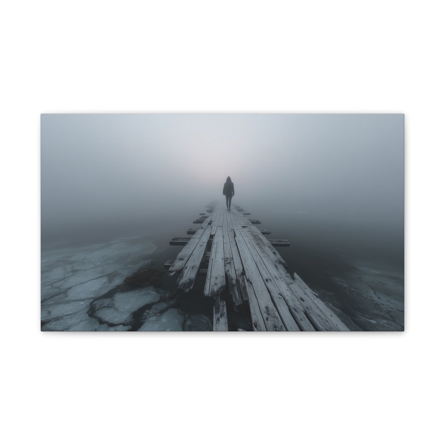 Foggy Pier Canvas Art — Solitary Figure, Dreamlike Minimalist Wall Décor