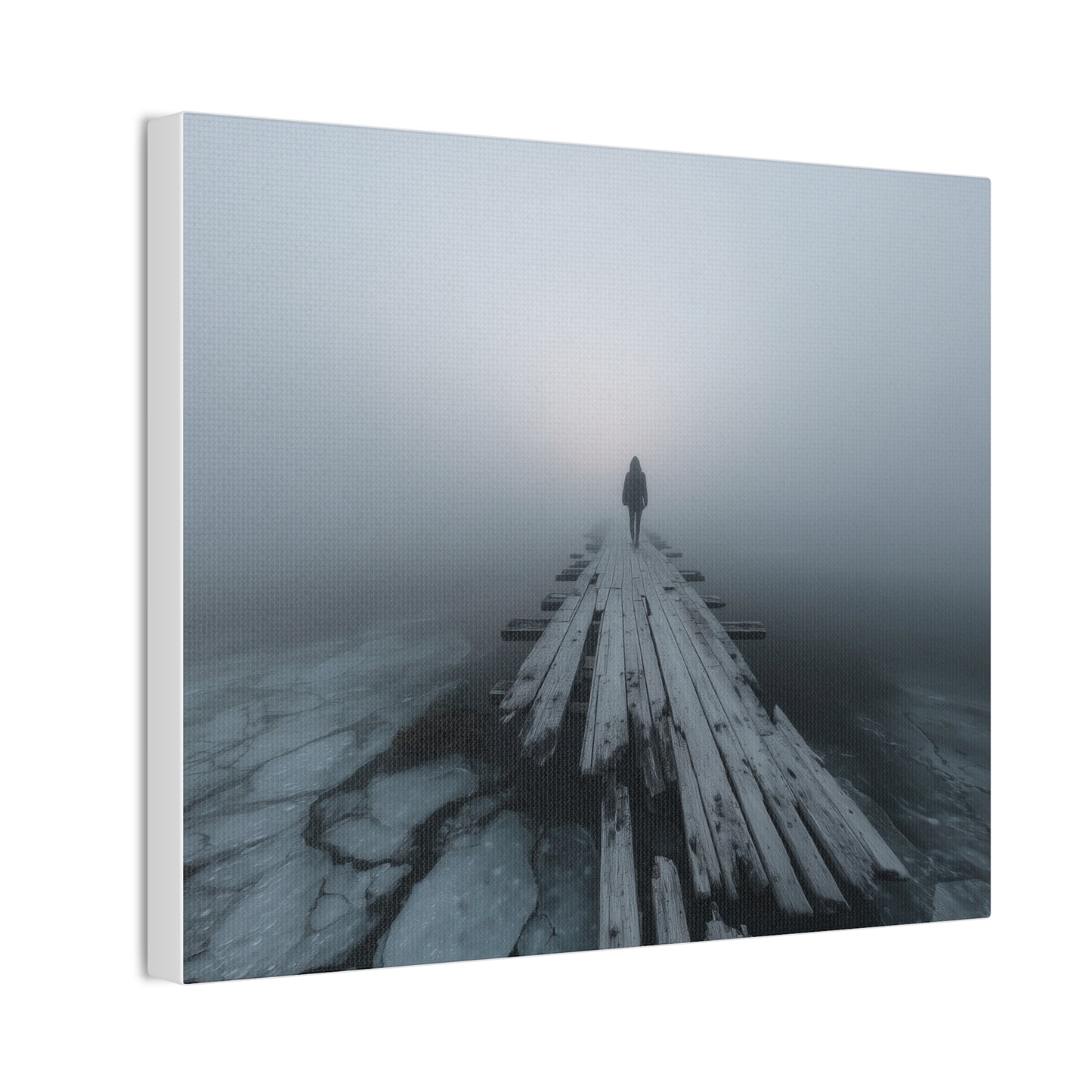 Foggy Pier Canvas Art — Solitary Figure, Dreamlike Minimalist Wall Décor