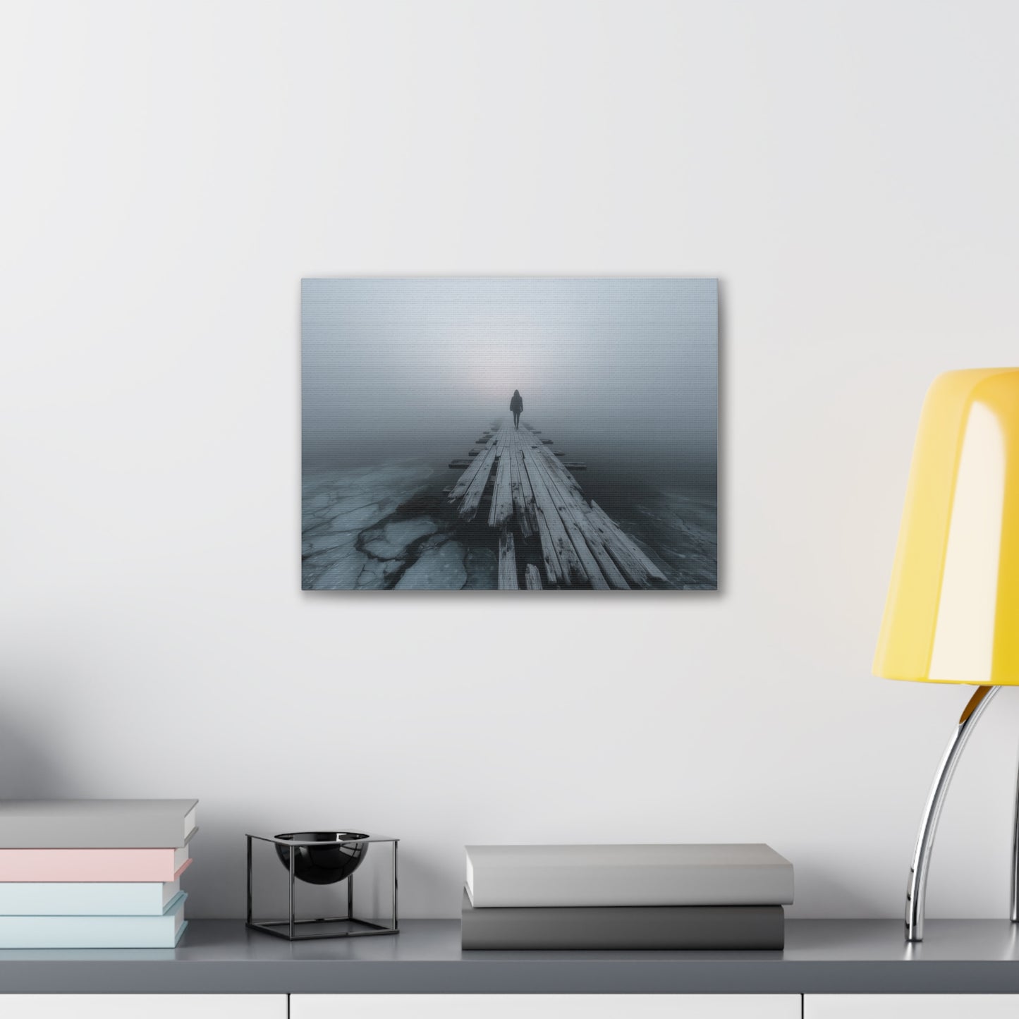 Foggy Pier Canvas Art — Solitary Figure, Dreamlike Minimalist Wall Décor