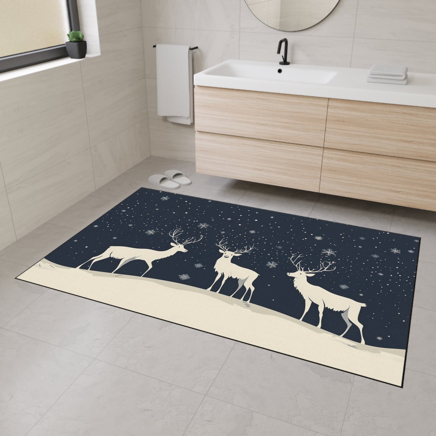 Winter Reindeer Heavy-Duty Floor Mat — Snowy Night Entryway Rug