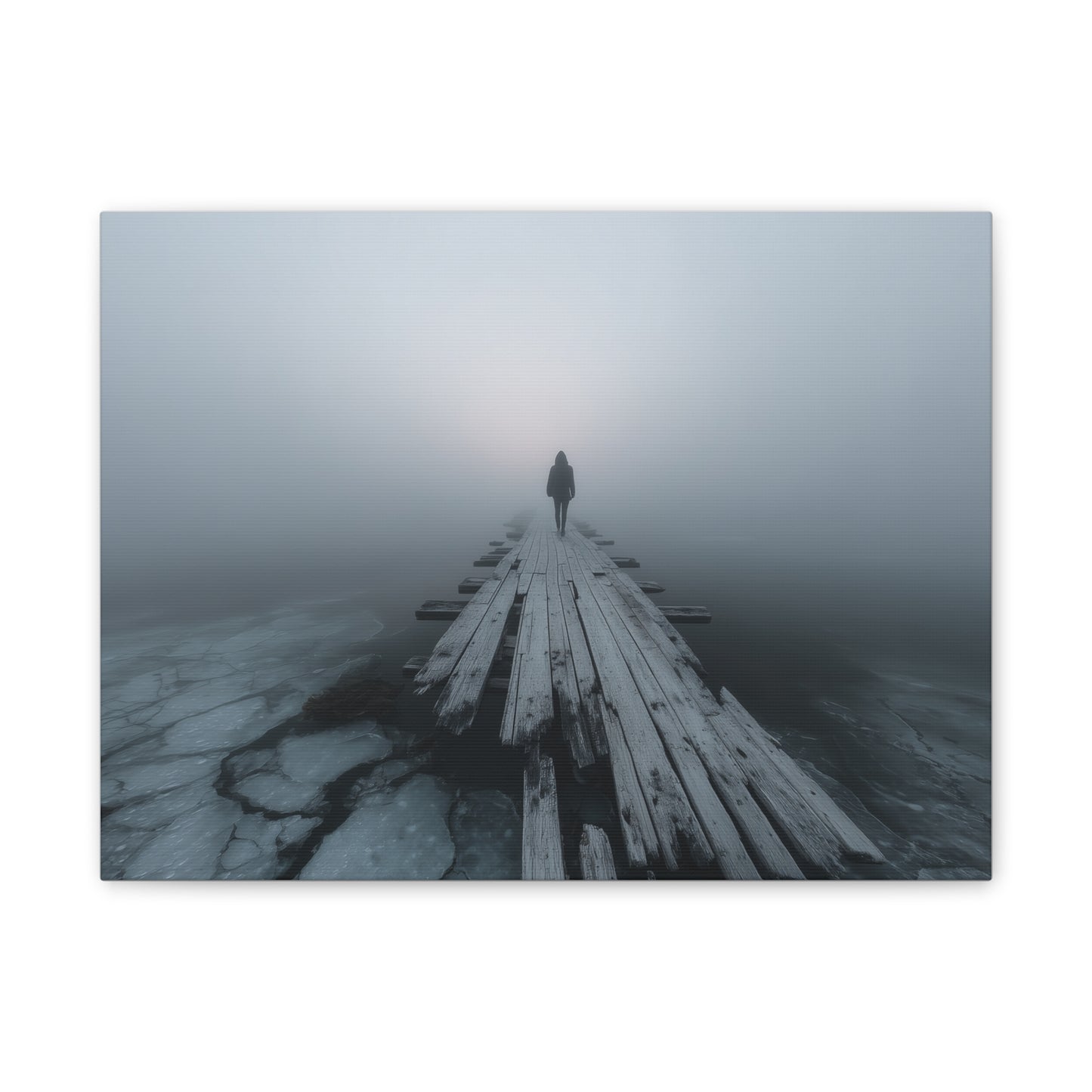 Foggy Pier Canvas Art — Solitary Figure, Dreamlike Minimalist Wall Décor