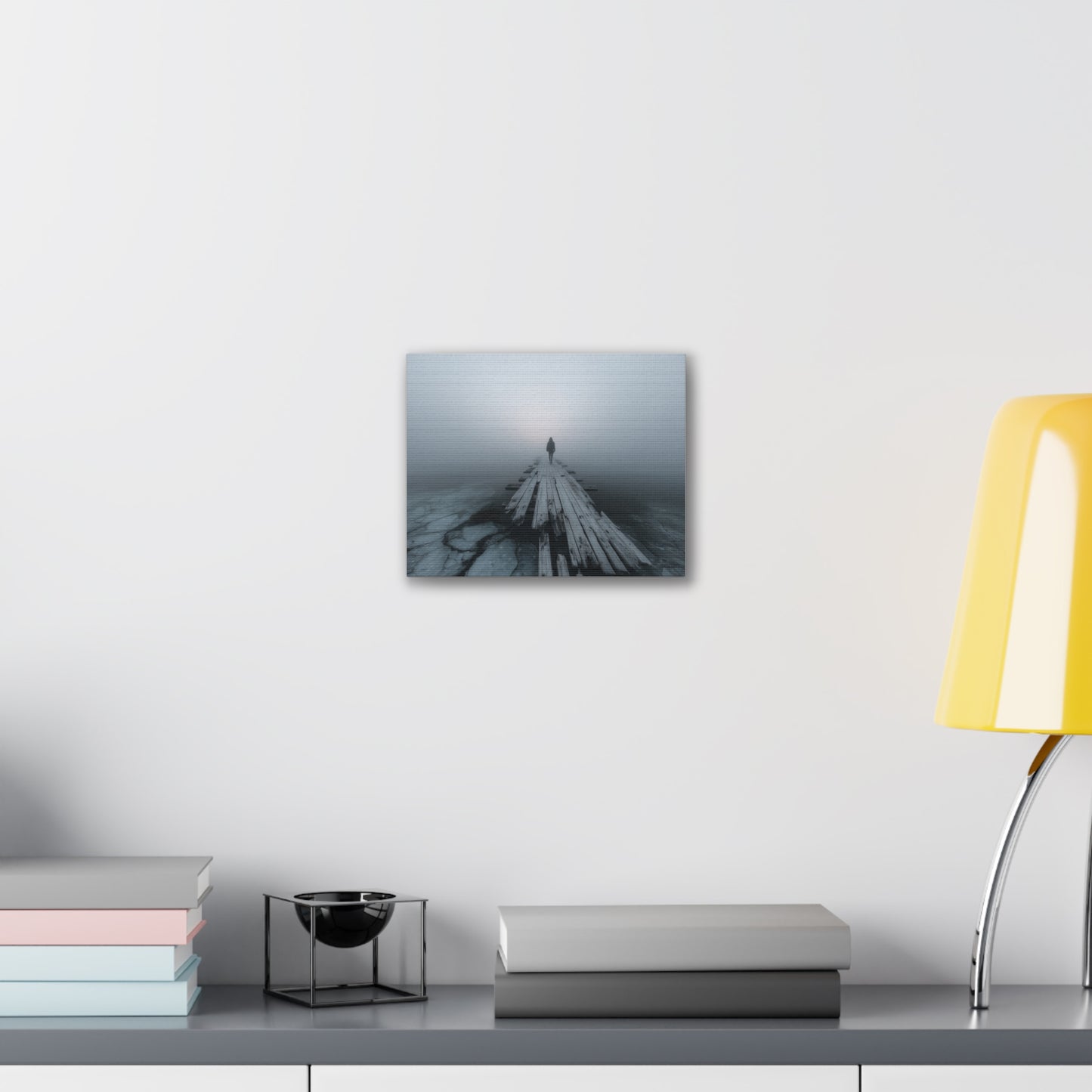 Foggy Pier Canvas Art — Solitary Figure, Dreamlike Minimalist Wall Décor