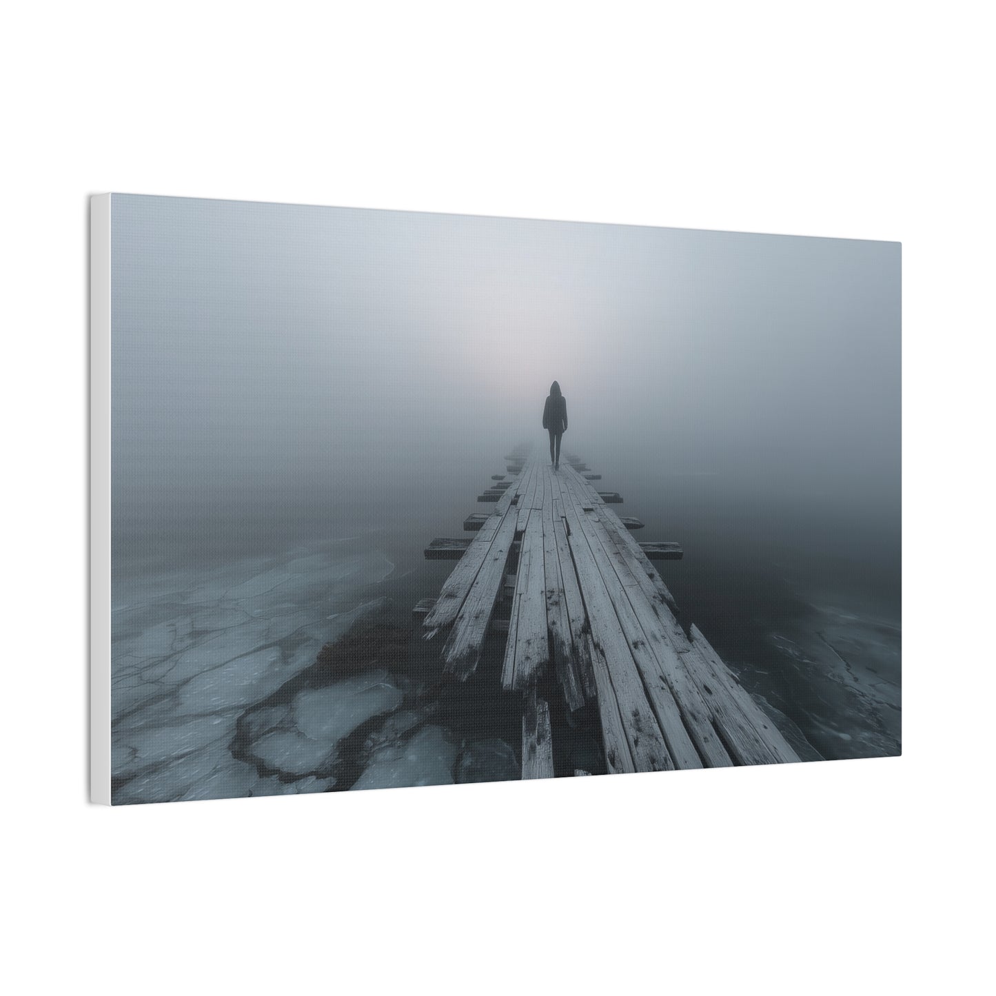 Foggy Pier Canvas Art — Solitary Figure, Dreamlike Minimalist Wall Décor