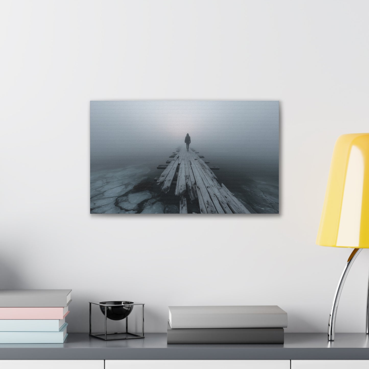 Foggy Pier Canvas Art — Solitary Figure, Dreamlike Minimalist Wall Décor