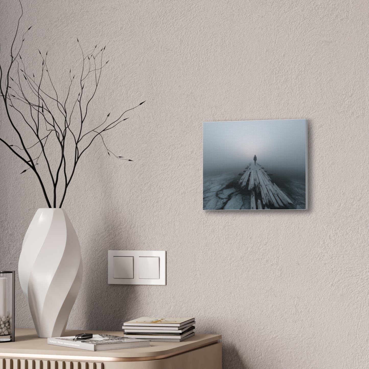Foggy Pier Canvas Art — Solitary Figure, Dreamlike Minimalist Wall Décor