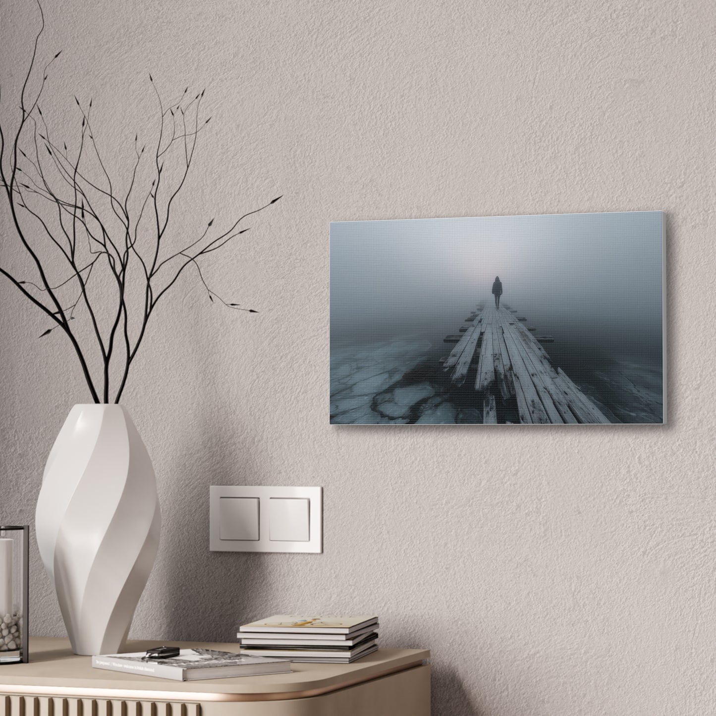 Foggy Pier Canvas Art — Solitary Figure, Dreamlike Minimalist Wall Décor
