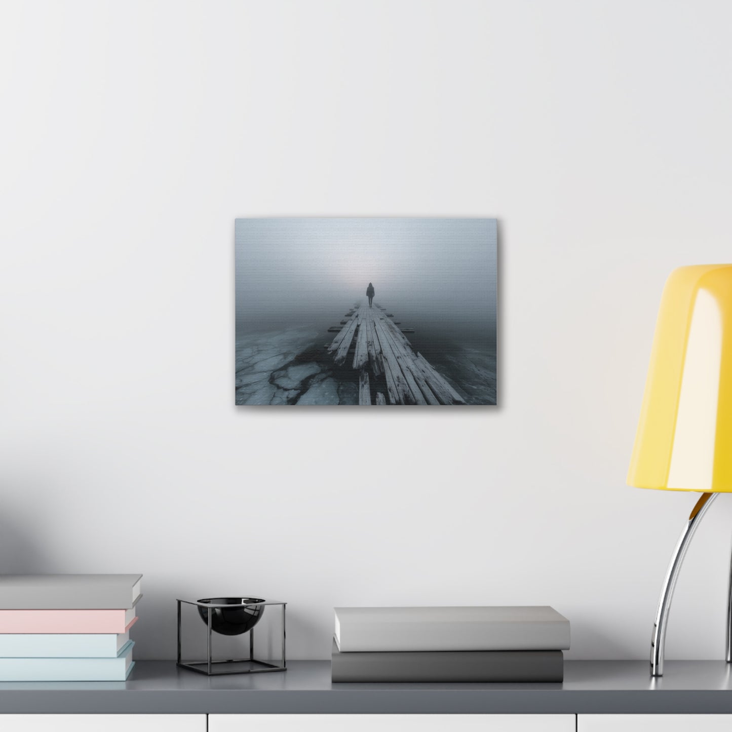 Foggy Pier Canvas Art — Solitary Figure, Dreamlike Minimalist Wall Décor