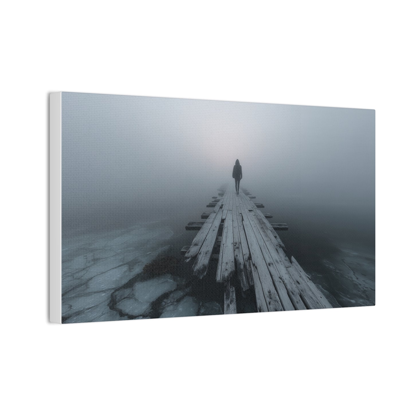 Foggy Pier Canvas Art — Solitary Figure, Dreamlike Minimalist Wall Décor