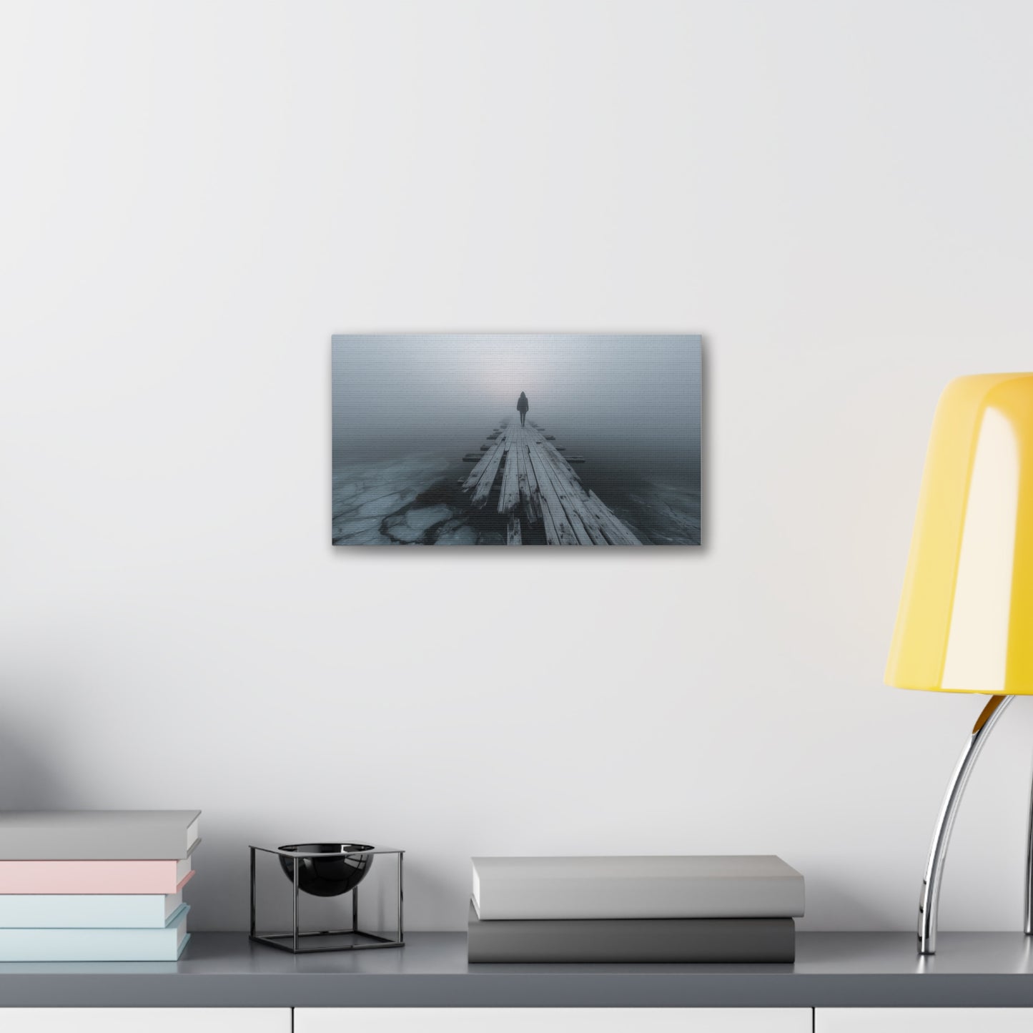 Foggy Pier Canvas Art — Solitary Figure, Dreamlike Minimalist Wall Décor