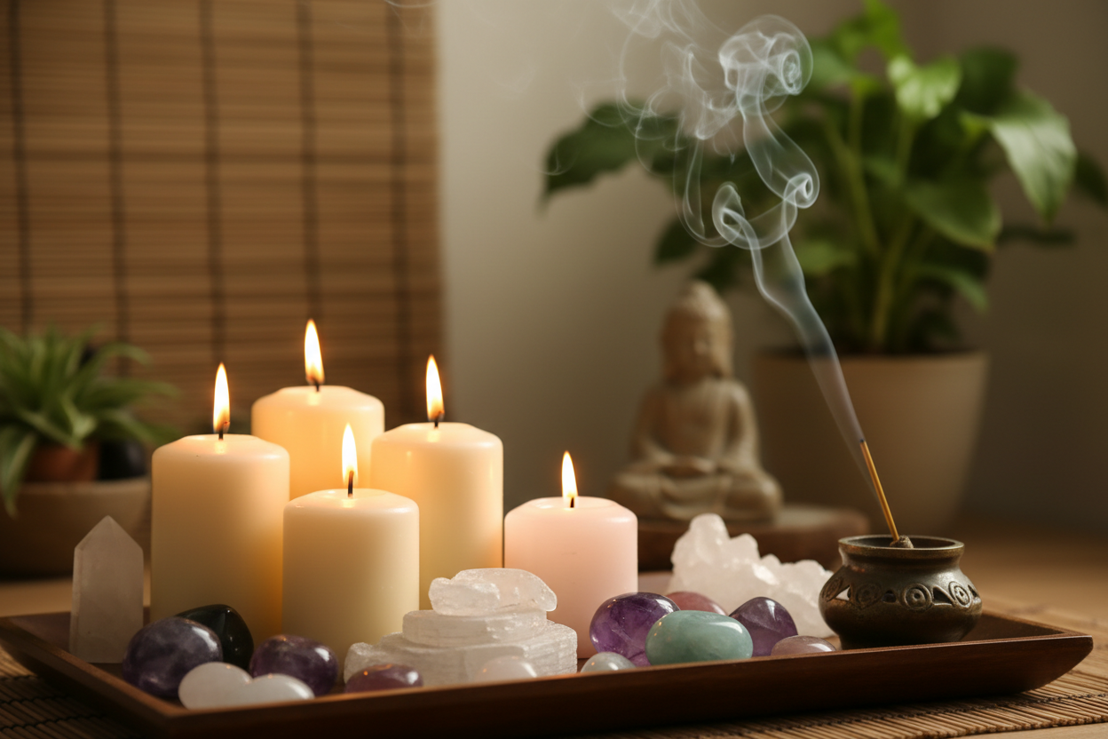 Peaceful, meditation, candles, crystals, incense, spiritual background